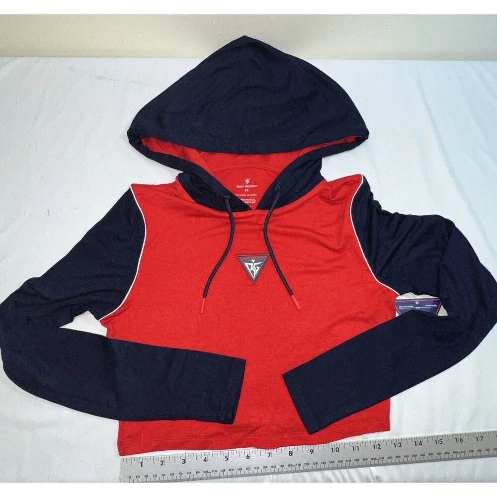 Body Graffiti Women’s Red‎ & Blue Crop Long-sleeve Hooded Top Size Medium